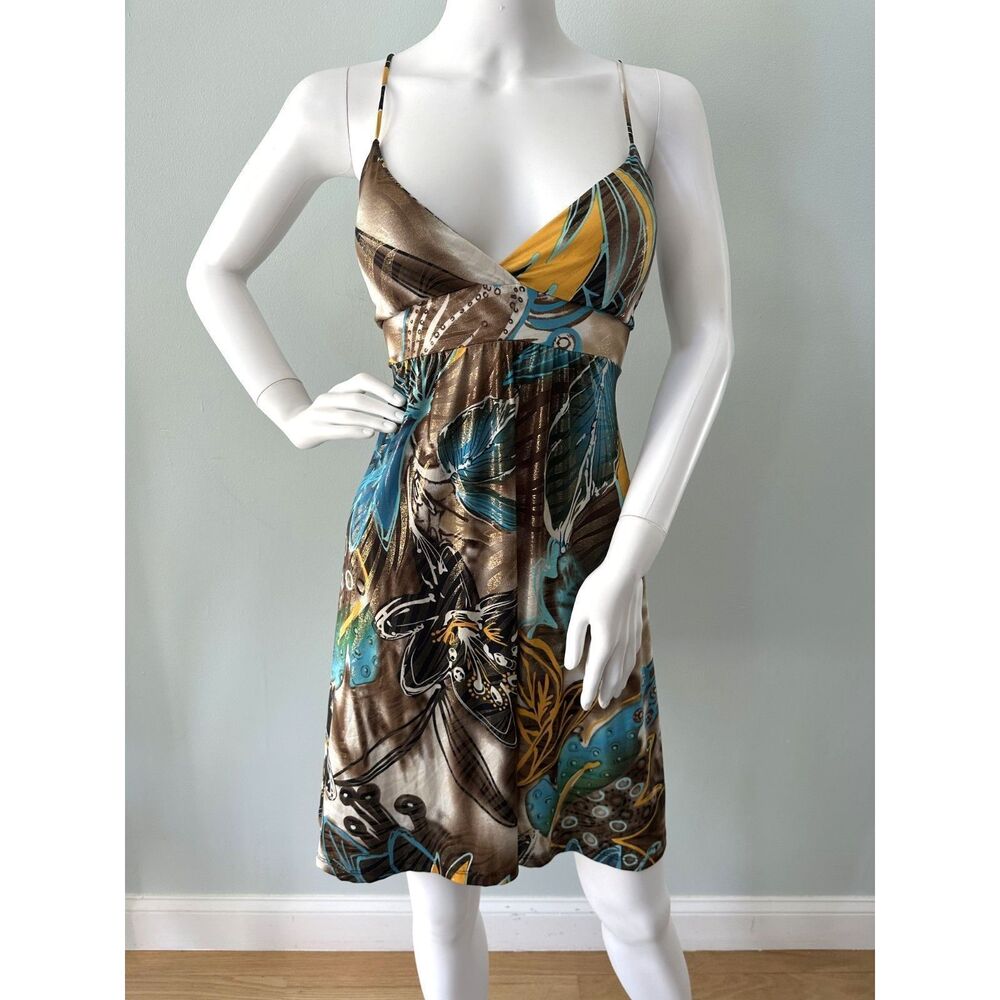 Vintage Y2k Mcbling Dress Boho Tropical Print Babydoll Slip Clubwear size Large